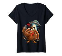 Femme Funny Turkey Selfie UFO Thanksgiving Turkey Lover T-Shirt avec Col en V