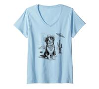 Femme Funny UFO Bernese Mountain Dog Alien Vintage 90s Wild West T-Shirt avec Col en V