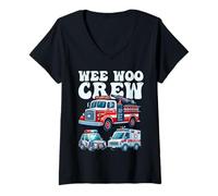 Femme Funny Wee Woo Crew Ambulance Camion de pompier Voiture de police pour enfants T-Shirt avec Col en V
