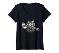 Femme Funny Wolf Smoking Joue de la Guitare, Rock'n Roll Music T-Shirt avec Col en V