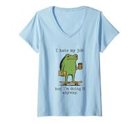 Femme Funny Work Frog Monday's I Hate My Job Doing It Anyway Daily T-Shirt avec Col en V