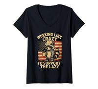 Femme Funny Working Like Crazy to Support The Lazy Raccoon T-Shirt avec Col en V