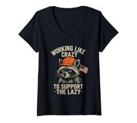 Femme Funny Working Like Crazy to Support The Lazy US Flag Raccoon T-Shirt avec Col en V