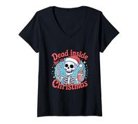 Femme Funny Xmas Skeleton Graphic. Dead Inside But It's Christmas T-Shirt avec Col en V
