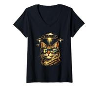 Femme Funy Cool Lunettes de Soleil Chat OVNI Cosmique Extraterrestre Invasion T-Shirt avec Col en V
