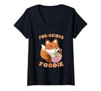 Femme Fur-ocious Foodie Renard Mangeant des Nouilles Ramen Kawaii Mignon drôle T-Shirt avec Col en V