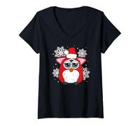 Femme Furby Christmas Singing with Snowflakes Jolly Little Santa T-Shirt avec Col en V