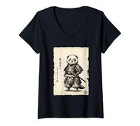 Femme Furet Samouraï Art Japonais Sumi-e Kawaii Drôle T-Shirt avec Col en V