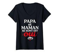 Femme Futur Annonce Mariage Enfant Papa et Maman se sont Dit Oui T-Shirt avec Col en V