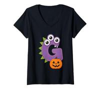 Femme G Halloween Monstre Citrouille Lettre Fun T-Shirt avec Col en V