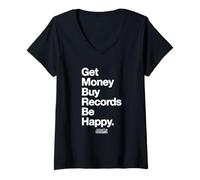 Femme Gagnez de l'argent Achetez des disques, Soyez Heureux. Les Amoureux du Vinyle T-Shirt avec Col en V