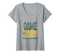 Femme Game Day Football Season Retro Green Gold Checker Sports T-Shirt avec Col en V