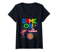 Femme Game On I'm Turning 8th Birthday Laser Tag 8 Year Old Funny T-Shirt avec Col en V