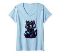 Femme Gamer Cat Black Cute Kitten Video Games Anime Multicolore Aesthetic T-Shirt avec Col en V