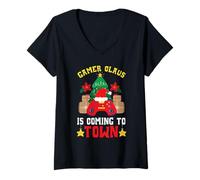 Femme Gamer Claus Arrive à Town Controller Gaming Christmas T-Shirt avec Col en V