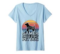 Femme Gamer Dog Lover Press Start Jeu pour Chien T-Shirt avec Col en V