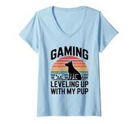 Femme Gaming Level Up with My Pup Retro T-Shirt avec Col en V