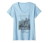 Femme Gand Belgique Guildhall of The Free Boatmen Flamand Vintage T-Shirt avec Col en V