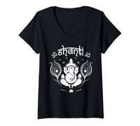 Femme Ganesh Lucky Elephant Plume de paon et Lotus Shanti OM Yoga T-Shirt avec Col en V