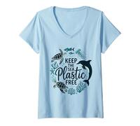 Femme Gardez la mer sans Plastique Journée de la Terre T-Shirt avec Col en V
