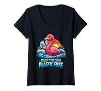 Femme Gardez la mer sans Plastique Journée de la Terre T-Shirt avec Col en V