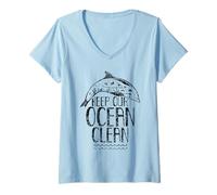 Femme Gardez Notre océan Propre en Plastique pour la Conservation de la Pollution de la mer T-Shirt avec Col en V