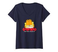 Femme Garfield Dessin d'art rétro Motif Chat Souriant T-Shirt avec Col en V