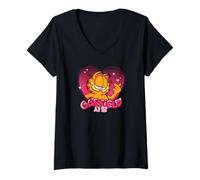 Femme Garfield K-Pop Heart Bubble Letters Cute Cat Cartoon T-Shirt avec Col en V