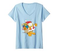 Femme Garfield Père Noël avec cadeaux de Noël Motif chat T-Shirt avec Col en V
