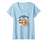 Femme Garfield Sleighing It Sledding Cast Cute Christmas Holiday T-Shirt avec Col en V