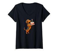 Femme Gâteau d'anniversaire Teckel Chiot Wiener Chien Papa Maman Enfants T-Shirt avec Col en V