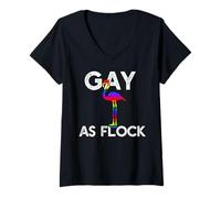 Femme Gay AS Flock AF LGBT Drapeau Arc-en-Ciel Fierté Flamant Rose Meme T-Shirt avec Col en V