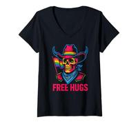 Femme Gay Pride Free Hugs Cowboy Skull Cool Rainbow LGBTQ+ T-Shirt avec Col en V