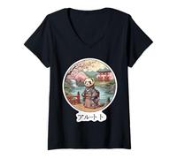 Femme Geisha Furet Japonais Vintage Art Traditionnel Anime Japon T-Shirt avec Col en V
