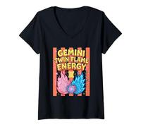 Femme Gemini Double Flamme énergie Astrologie Signe du Zodiaque T-Shirt avec Col en V