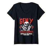 Femme Génération Y Real Badass 1981 Á 1996 Squelette Rock T-Shirt avec Col en V