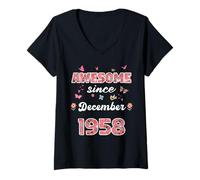 Femme Génial depuis décembre 1958 fleurs 1958 décembre anniversaire T-Shirt avec Col en V