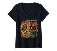 Femme Gentillesse Paix Égalité Amour Inclusion Espoir Diversité Social T-Shirt avec Col en V