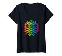 Femme Géométrie sacrée de la Fleur de Vie Arc-en-Ciel T-Shirt avec Col en V