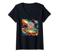 Femme Géométrie sacrée du Cube de métatron T-Shirt avec Col en V