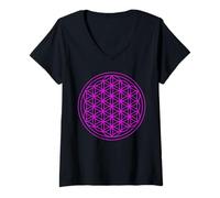 Femme Géométrie sacrée spirituelle Fleur de Vie Magenta T-Shirt avec Col en V