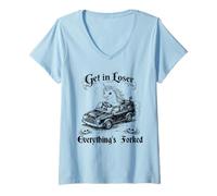 Femme Get in Loser Everything's Forked Unicorn Dark Humour T-Shirt avec Col en V