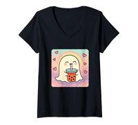 Femme Ghost Bubble Tea Lover, Mignon Anime Kawaii Rainbow T-Shirt avec Col en V