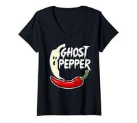 Femme Ghost Pepper Funny Spicy Hot Halloween Ghost Pepper T-Shirt avec Col en V