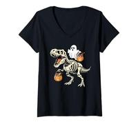 Femme Ghost Riding Squelette T-Rex Drôle Halloween Dinosaure T-Shirt avec Col en V