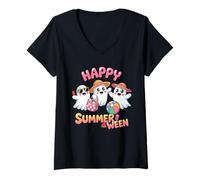 Femme Ghost Watermelon Ice Cream Happy Summerween Halloween Spooky T-Shirt avec Col en V