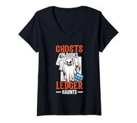 Femme Ghosts in Books Ledger hante Un Comptable Effrayant Halloween T-Shirt avec Col en V