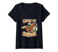 Femme Giddy Up, Son Sapin de Noël, Cloches, arrière-Plan Occidental T-Shirt avec Col en V