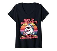 Femme Giddy Up Sparkle Farts Il y a du Chaos à propager Licorne T-Shirt avec Col en V