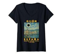 Femme Gijón, España Eclipse Solar Total 2026 T-Shirt avec Col en V